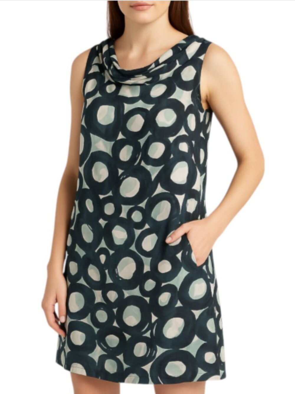 NY & Co Size 8 All Silk Retro Dress Black White Cowl Neck Low Back Side Zip